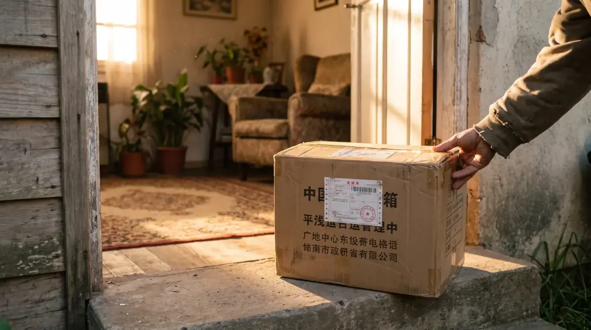 Un paquete de courier con etiquetas de China llegando a la puerta de una casa