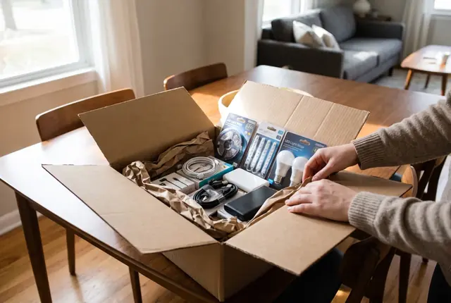 Caja de courier recibida y abierta en la puerta de casa