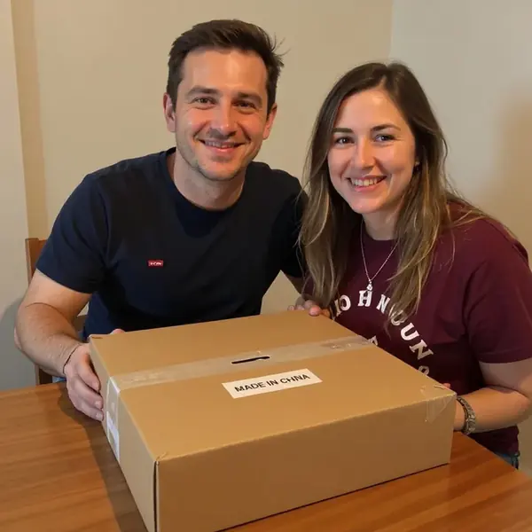 Pareja joven en su casa con una caja Made in China recién recibida