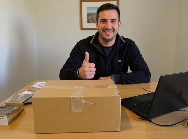 Hombre en su escritorio con la caja de su pedido, haciendo el gesto de pulgar arriba