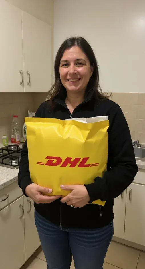 Mujer en su cocina con el paquete de courier que le llegó de China