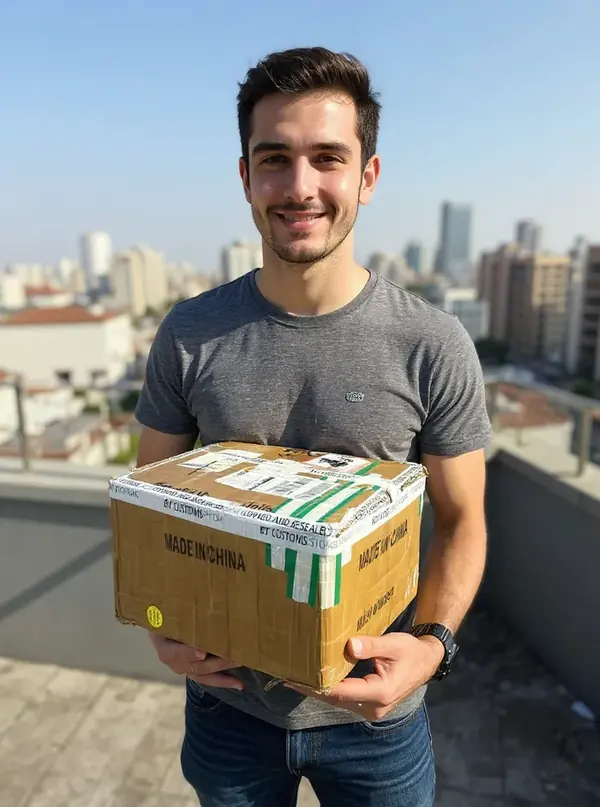 Hombre joven en una terraza sosteniendo una caja Made in China
