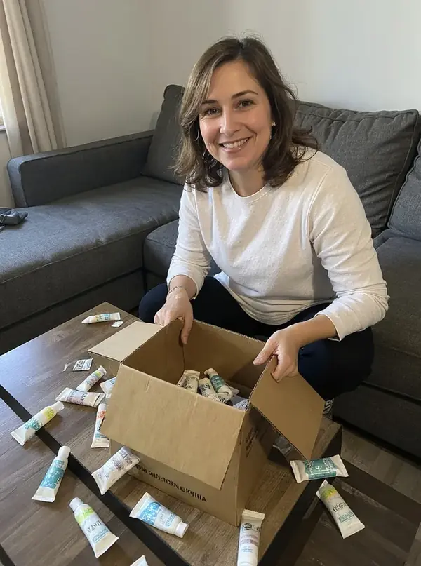 Mujer abriendo en su living la caja de su pedido de China