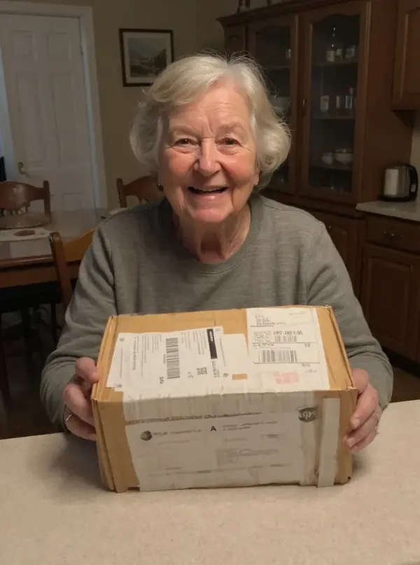 Señora mayor en su casa con la caja de su pedido importado de China