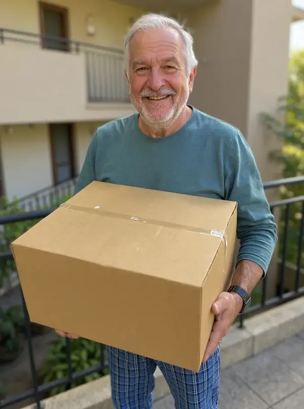 Hombre sosteniendo la caja grande de su pedido en la puerta de su casa